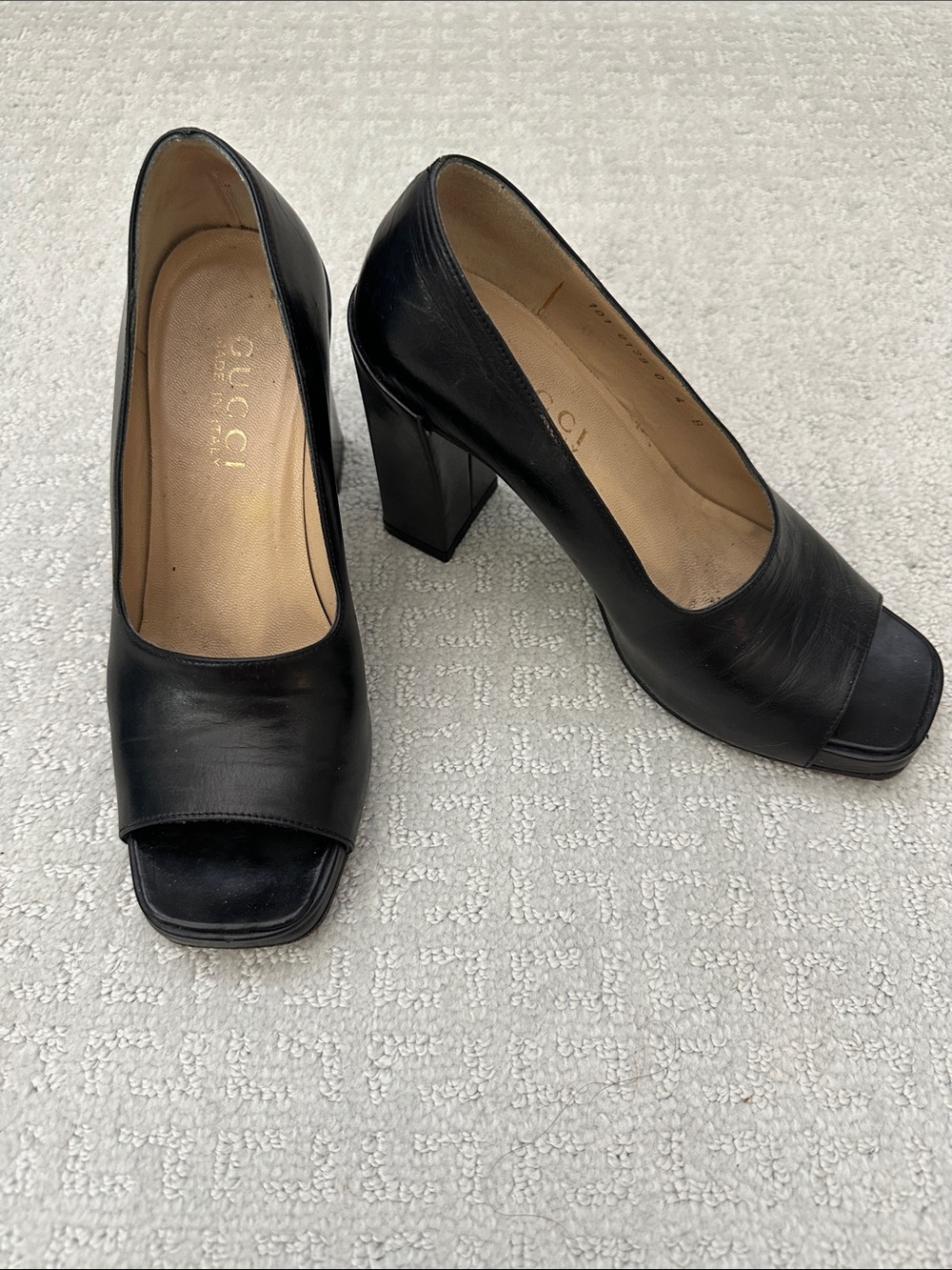 Gucci Black Leather Peep-Toe Block Heel Pumps